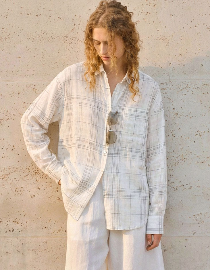 Vintage Style Plaid Linen Blouse Women – Relaxed Fit Shirt