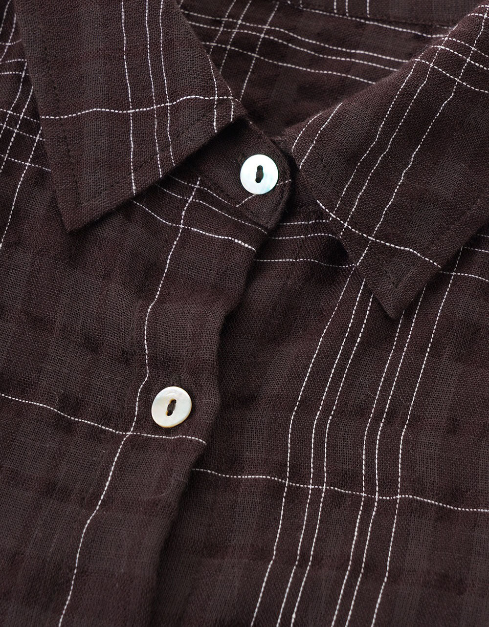 Close-up of plaid linen shirt women relaxed fit casual button blouse