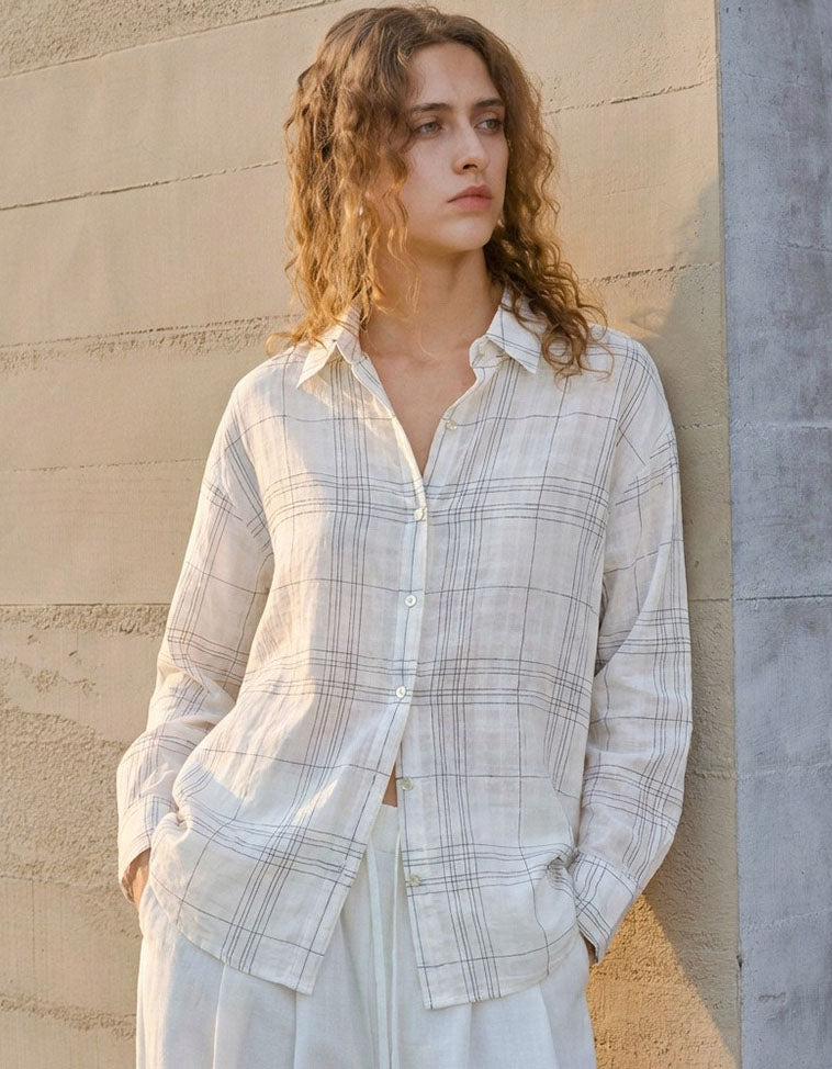 women light plaid linen shirt casual loose long sleeve blouse