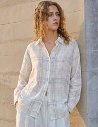 women light plaid linen shirt casual loose long sleeve blouse