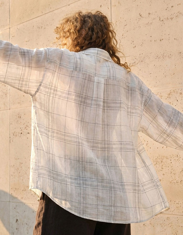 minimalist plaid linen button shirt women everyday casual top