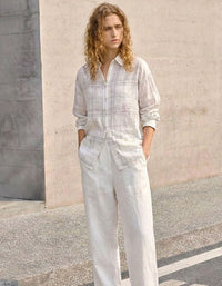 Loose Fit Plaid Linen Shirt for Women – Minimalist Long Sleeve Top