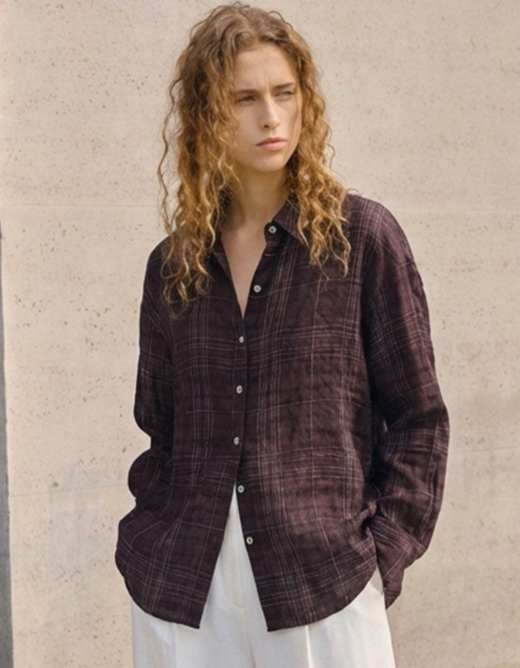 Women’s Lightweight Plaid Linen Shirt – Casual Everyday Top