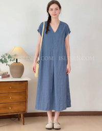 Women's loose blue linen blend V-neck maxi dress with relaxed fit