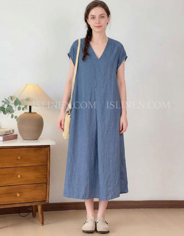 Women's loose blue linen blend V-neck maxi dress with relaxed fit