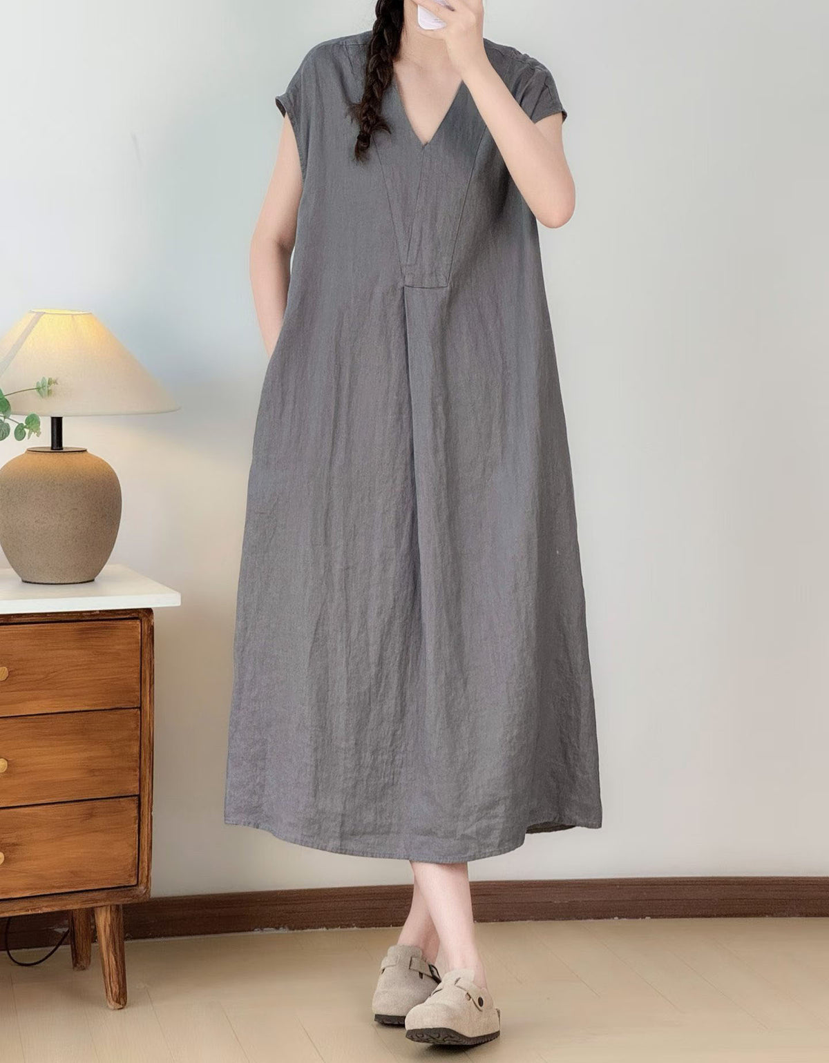Relaxed fit A-line linen blend maxi dress in gray