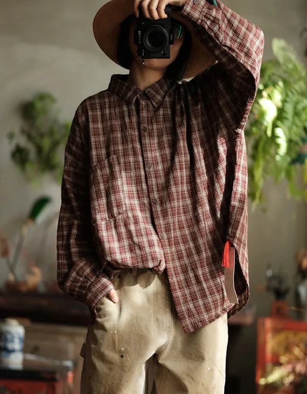 Women’s Loose Casual Vintage Plaid Shirt - Islinen