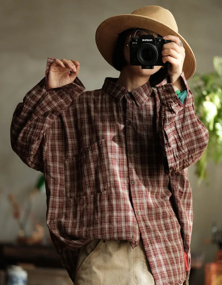 Women’s Loose Casual Vintage Plaid Shirt - Islinen