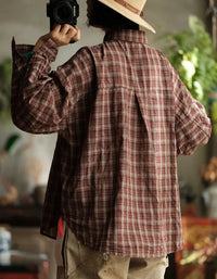 Women’s Loose Casual Vintage Plaid Shirt - Islinen