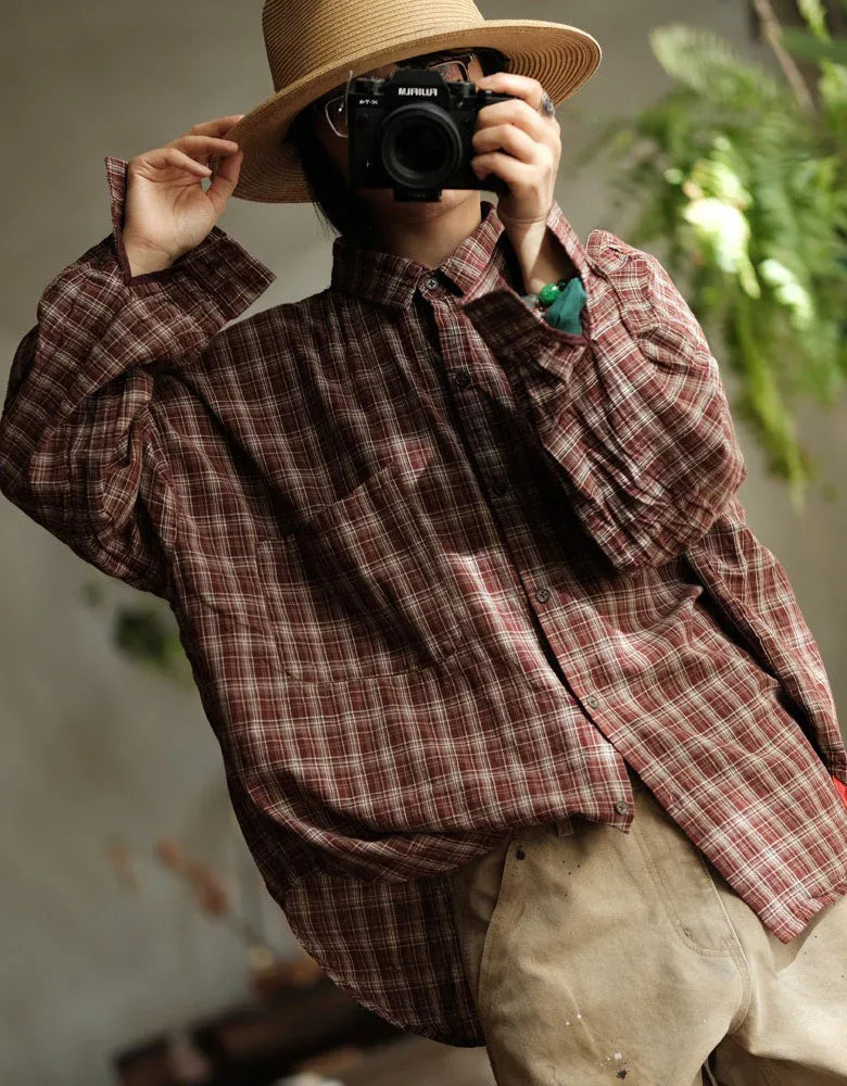 Women’s Loose Casual Vintage Plaid Shirt - Islinen