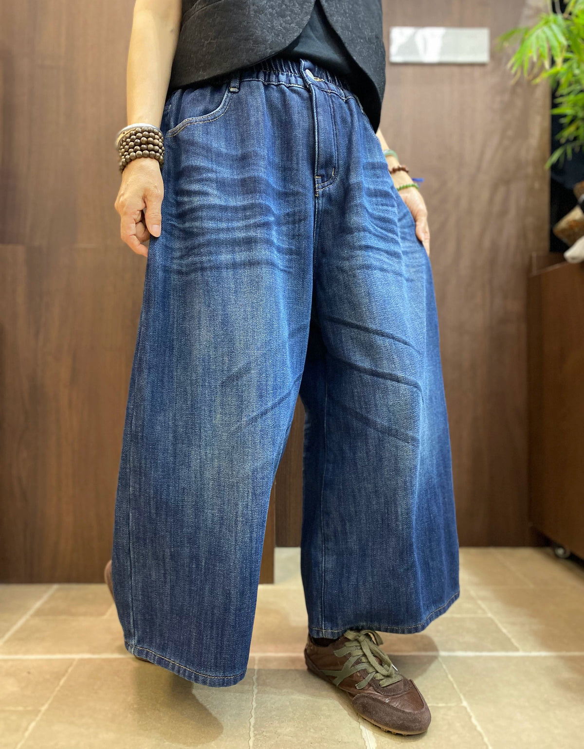 Women’s Wide Leg Jeans – Elastic Waist Loose Denim Pants in Dark Blue