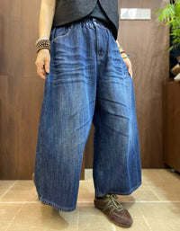 Women’s Wide Leg Jeans – Elastic Waist Loose Denim Pants in Dark Blue