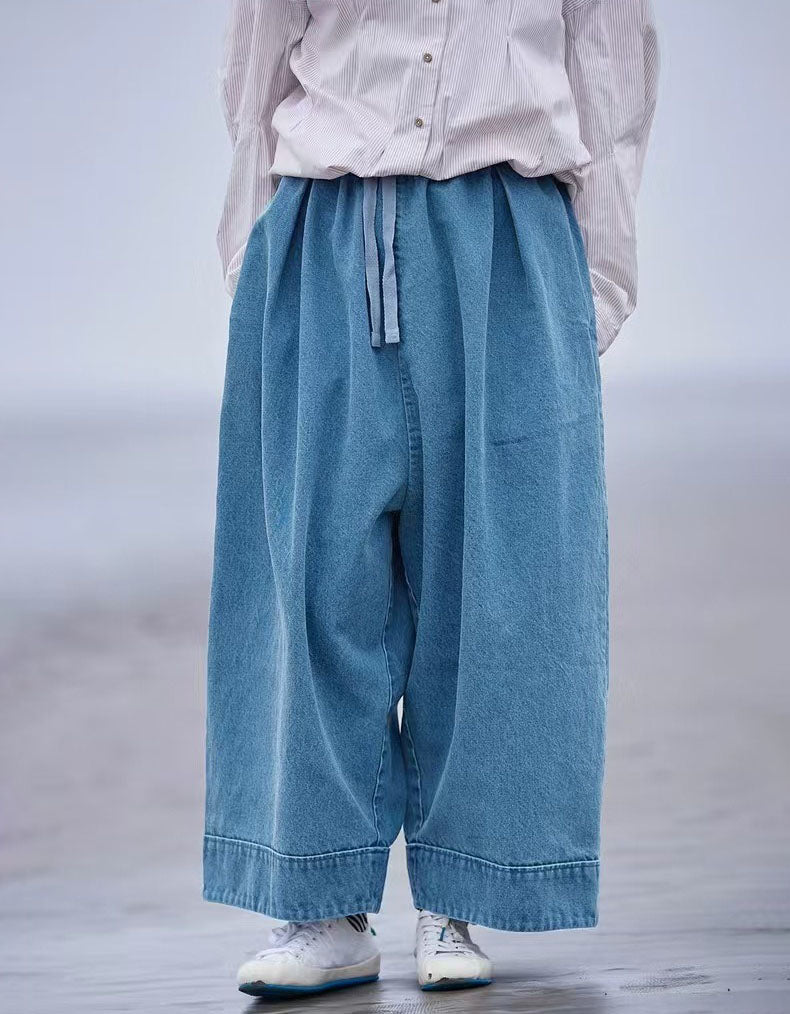 women loose wide leg cotton pants with elastic drawstring waist