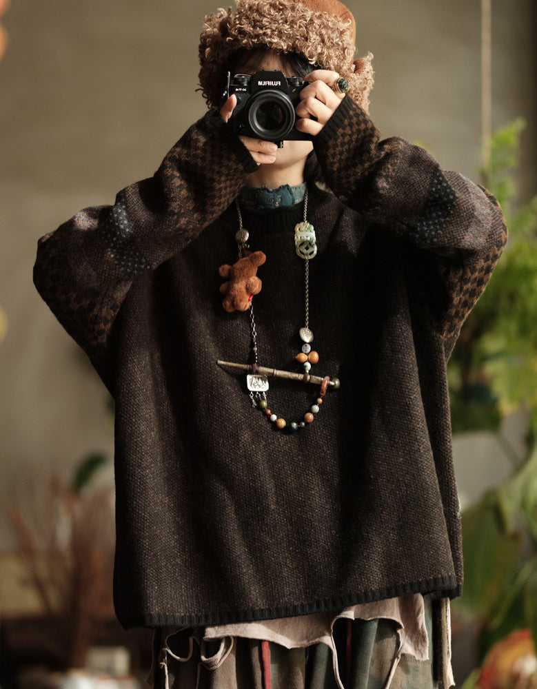 Women's Loose Fit Vintage Patchwork Knit Sweater