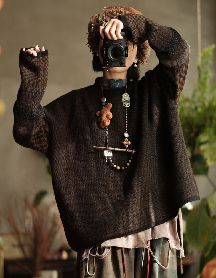 Women's Loose Fit Vintage Patchwork Knit Sweater
