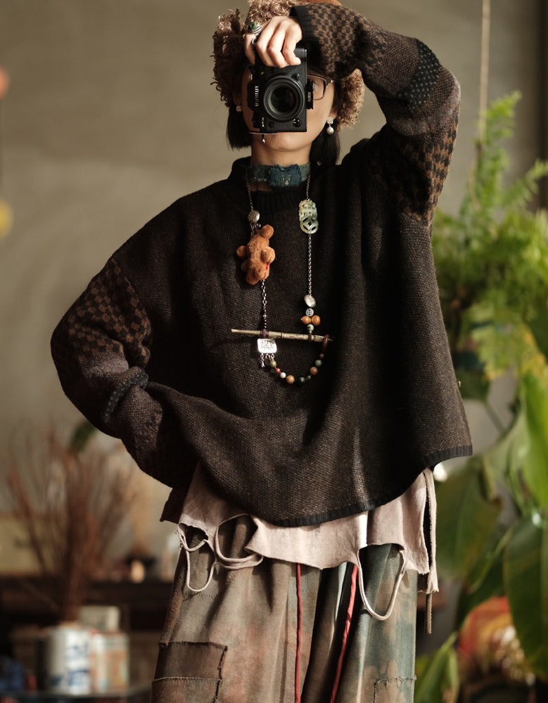 Women's Loose Fit Vintage Patchwork Knit Sweater