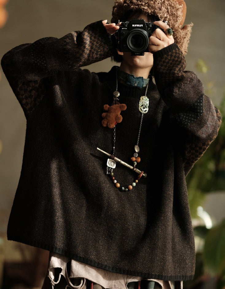 Women's Loose Fit Vintage Patchwork Knit Sweater