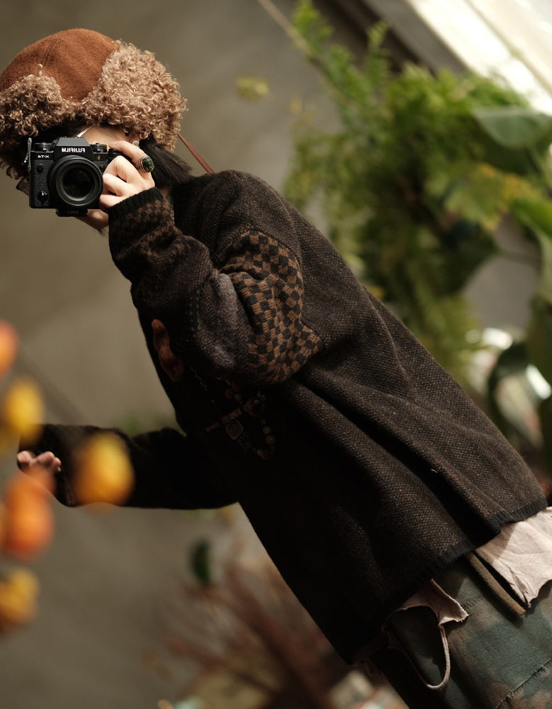 Women's Loose Fit Vintage Patchwork Knit Sweater