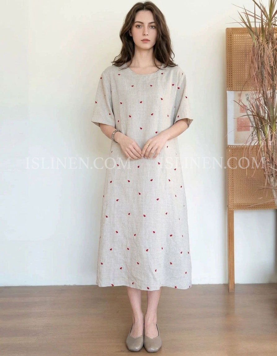 Women’s Embroidered Linen Midi Dress Casual