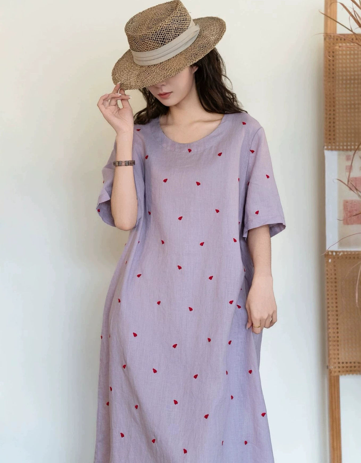 Women’s Linen Midi Dress with Heart Embroidery