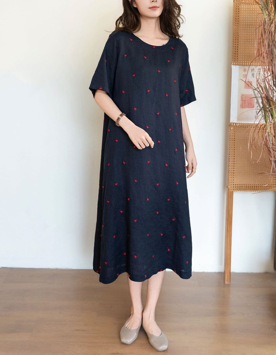 Loose Fit Linen Heart Embroidery Dress Women