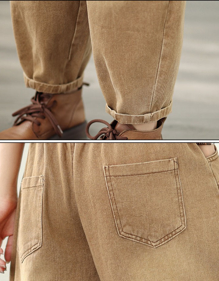 Khaki denim pants with rolled-up cuffs and a close-up of a pocket.