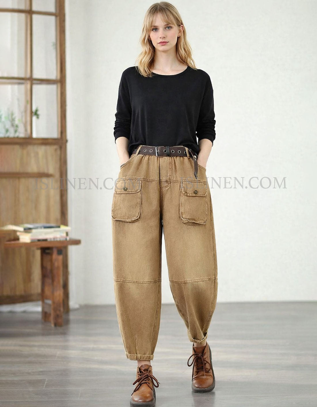 women’s casual utility cargo pants with pockets front view