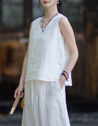 Women's Casual V-Neck Sleeveless Linen Tank Top
