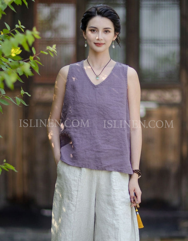 Women's casual V-neck sleeveless linen tank top in lavender purple