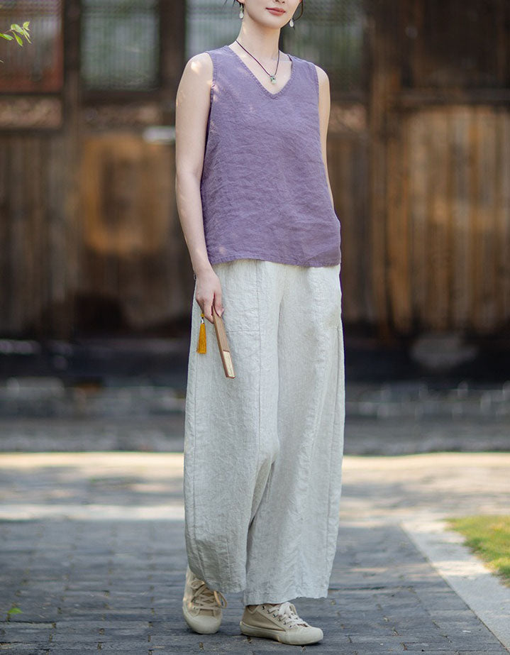 Minimalist linen V-neck tank top paired with wide leg linen pants