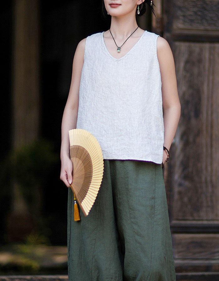 Women's natural linen sleeveless top for spring and summer