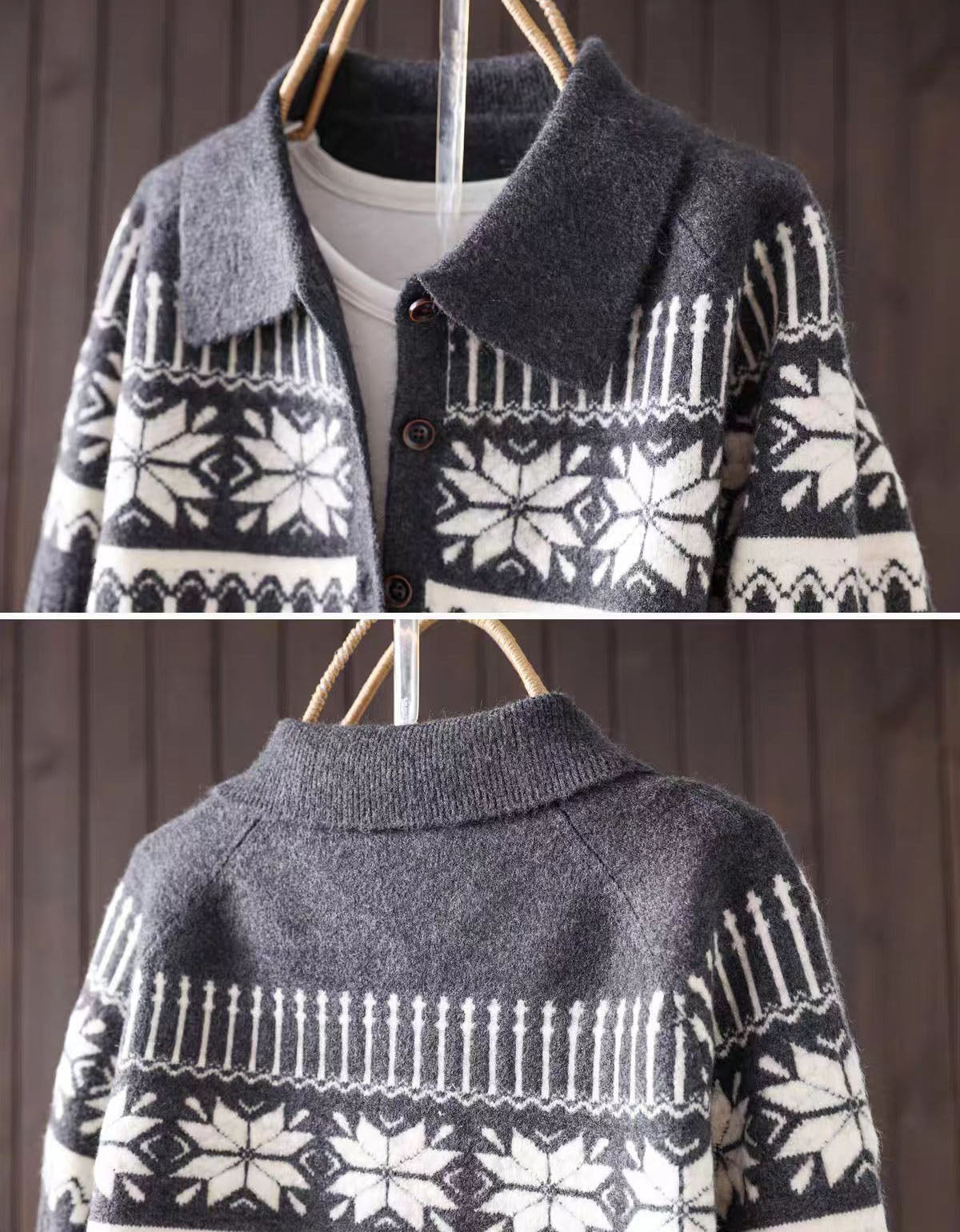 European woman wearing a women's Nordic knit button front cardigan