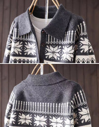 European woman wearing a women's Nordic knit button front cardigan