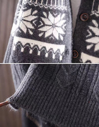 Close-up of snowflake Nordic pattern on women's knit cardigan