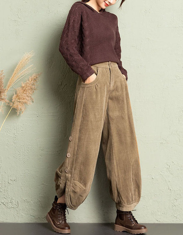 Women's Oversized Casual Button Leg Corduroy Lantern Pants