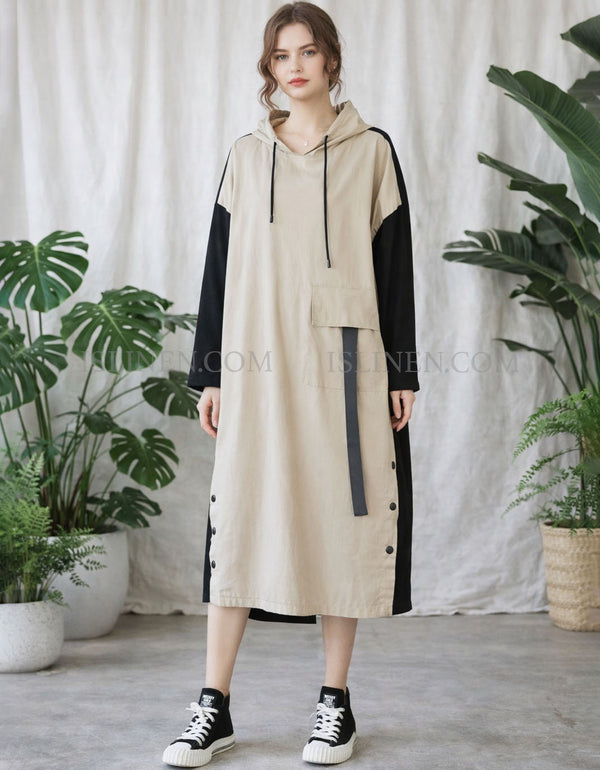 Women’s khaki hooded color block midi dress front view