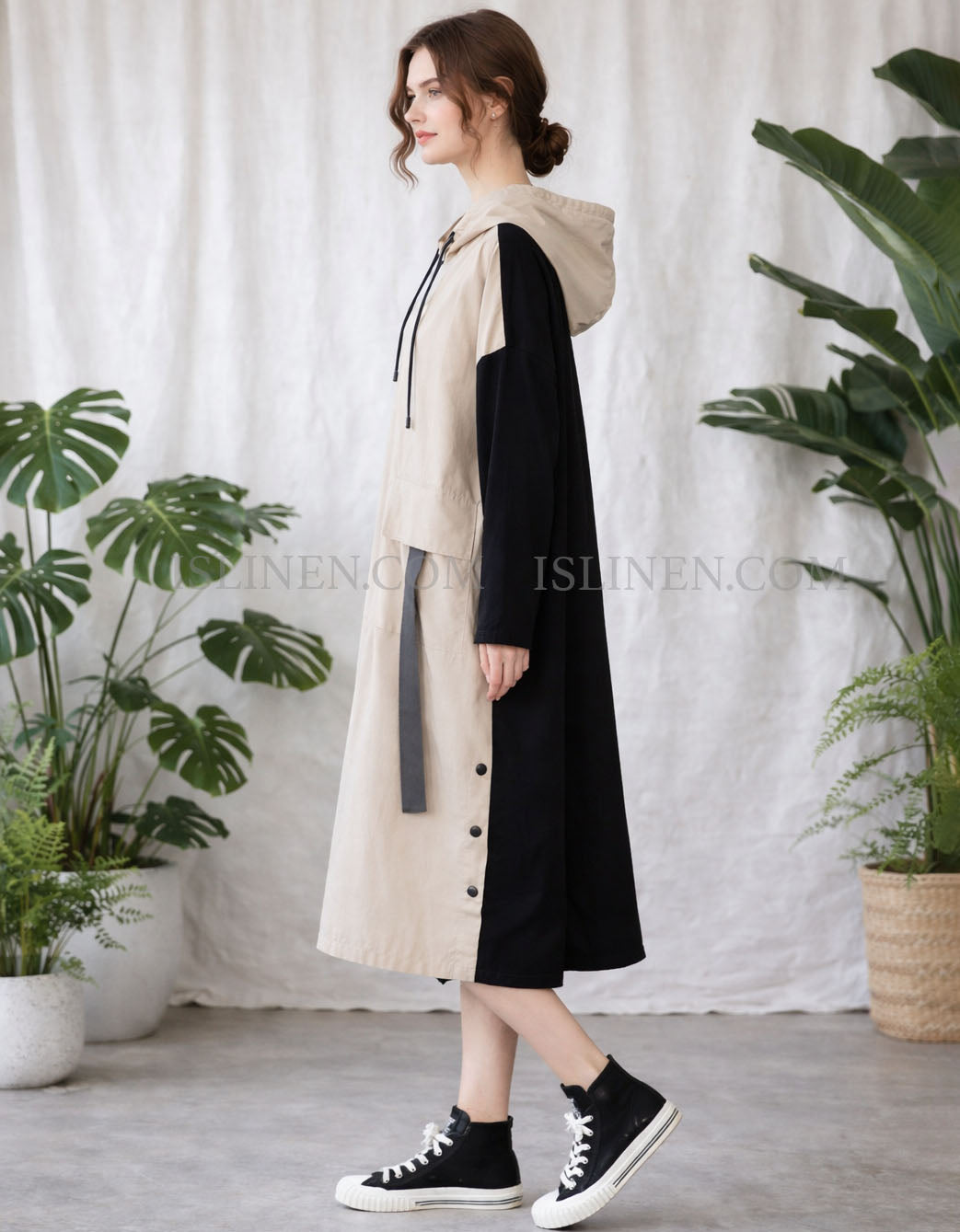 Khaki relaxed fit long sleeve hoodie dress women