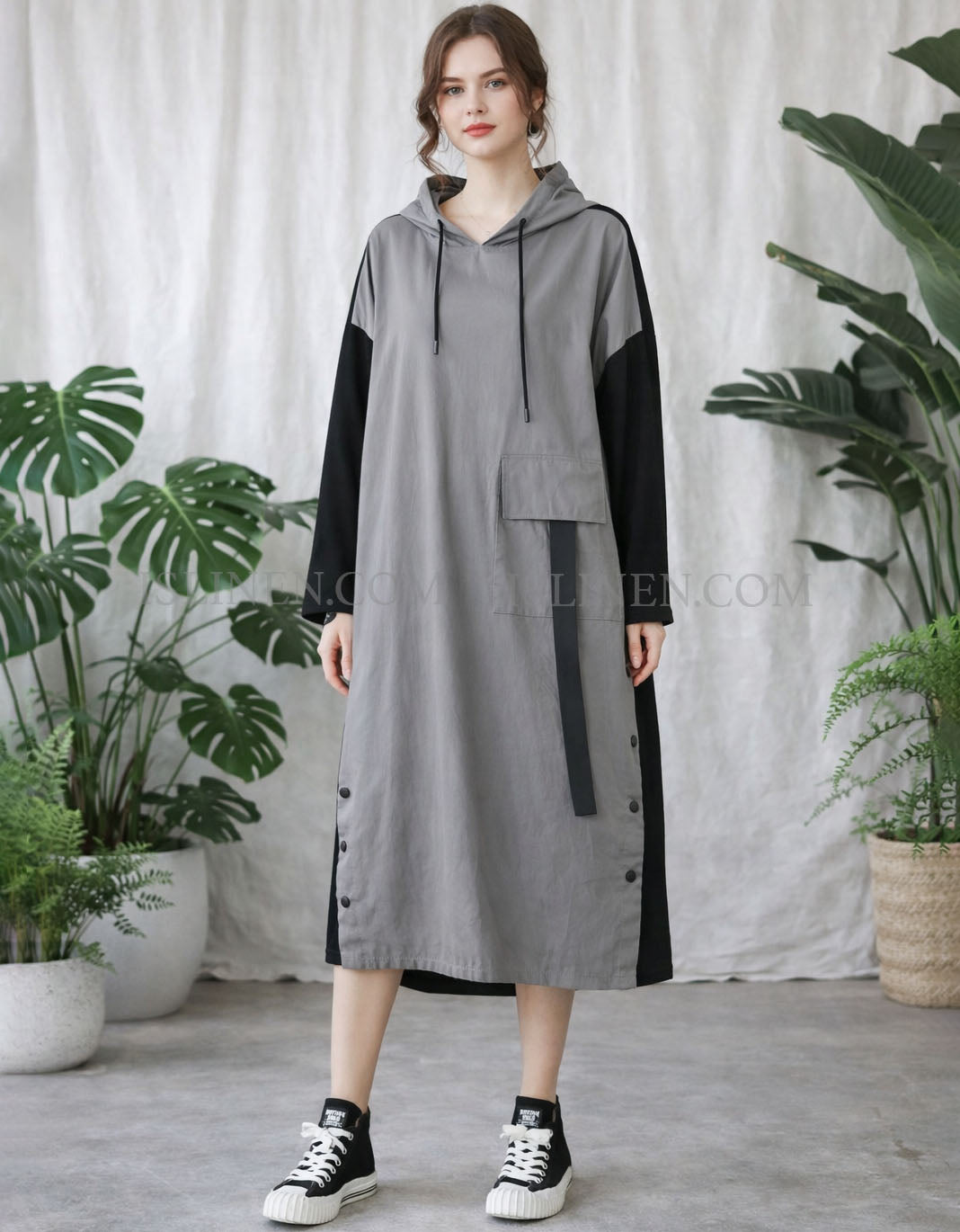 Women’s gray hooded color block midi dress front view