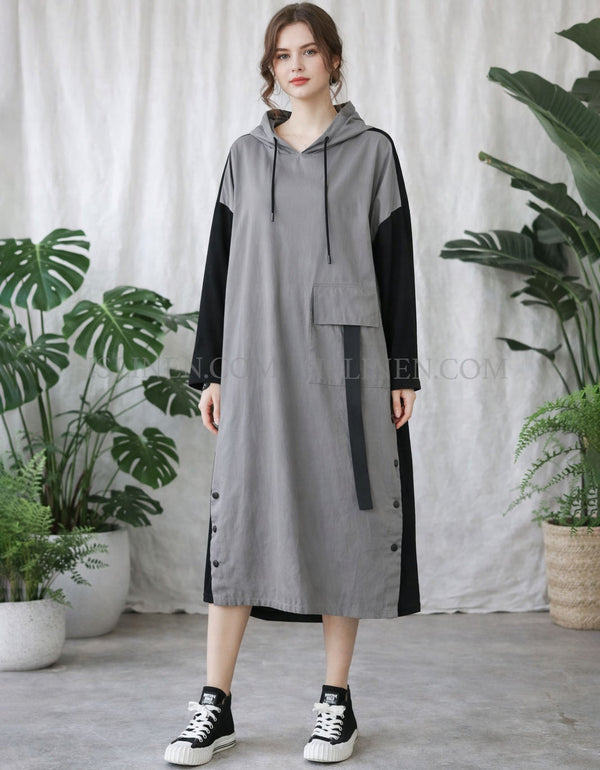 Women’s gray hooded color block midi dress front view