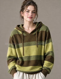 Women's Oversized Striped Knit Hoodie – Olive Green