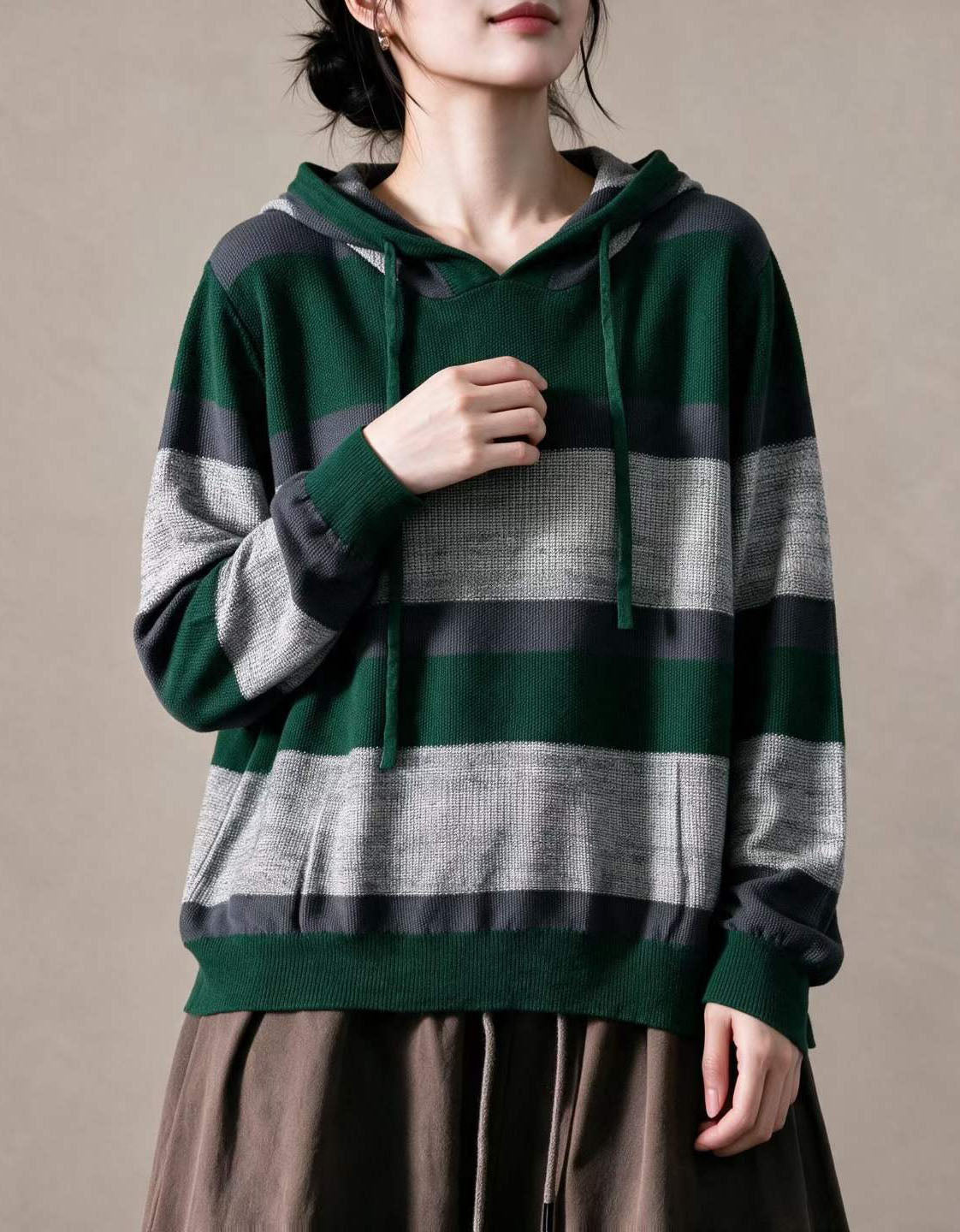 Olive Green Striped Knit Hoodie – Women's Oversized