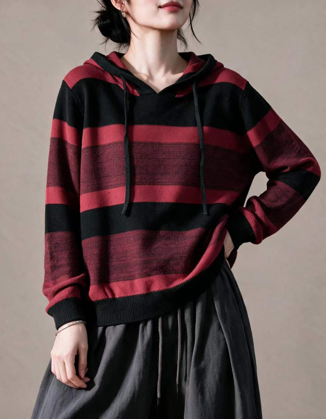 Women's Olive Striped Hooded Knit Sweater – Relaxed
