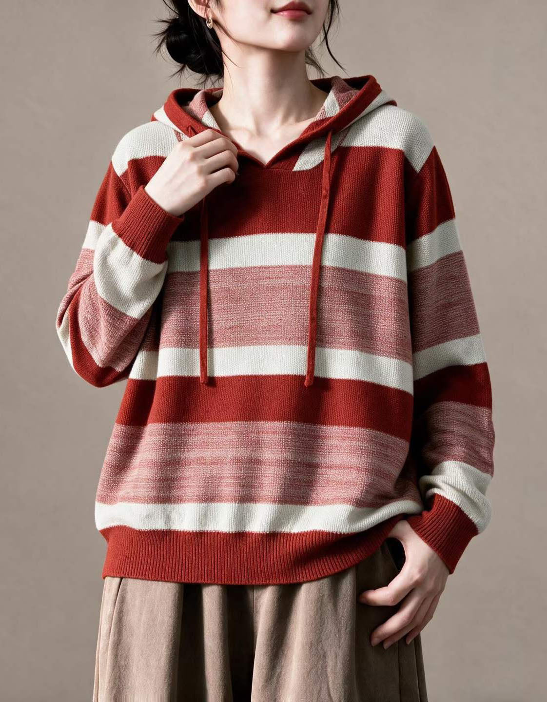 Oversized Women's Striped Knit Hoodie – Green & Brown