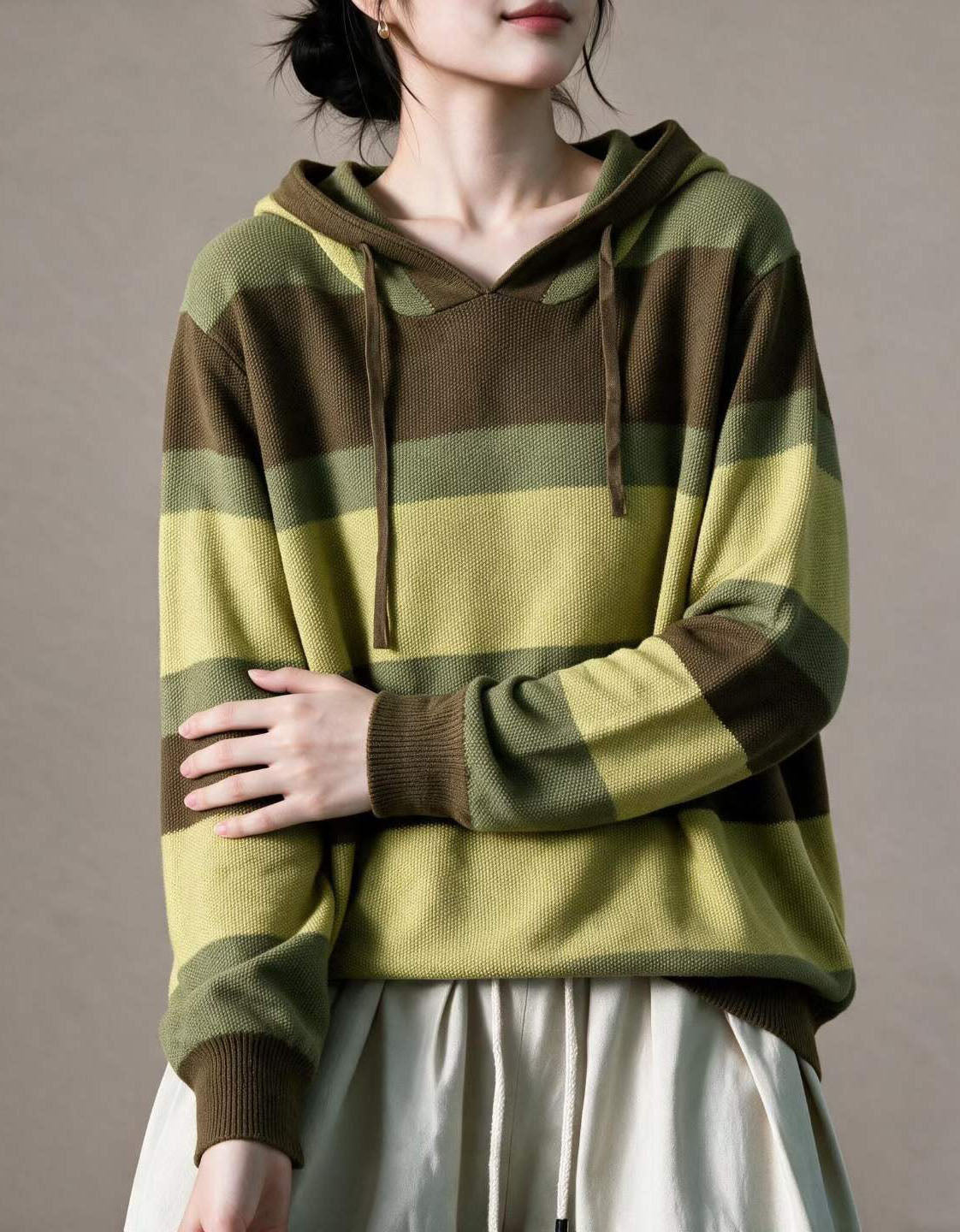 Women's Oversized Casual Colorblock Striped Knit Hoodie