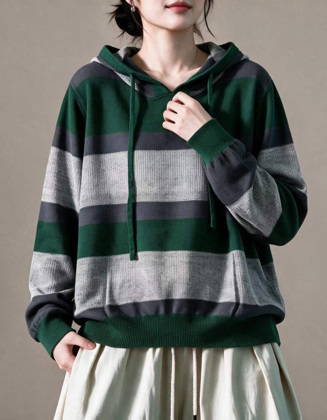 Women's Colorblock Striped Knit Hoodie – Olive Green