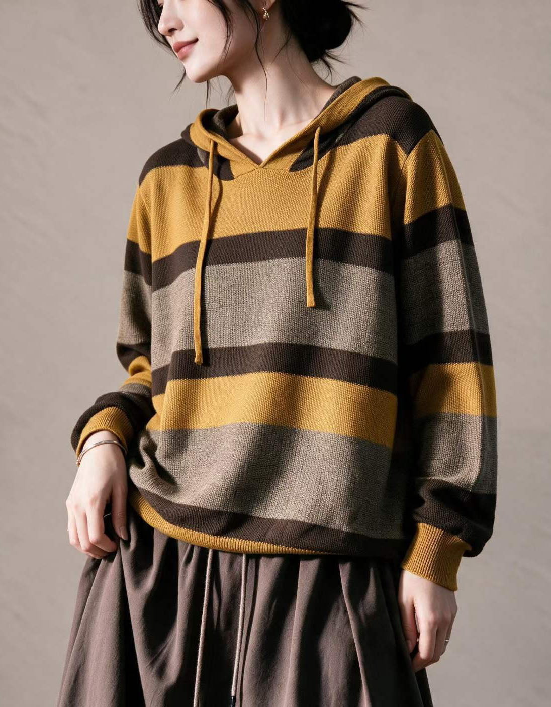 Women's olive green striped knit hoodie with oversized fit