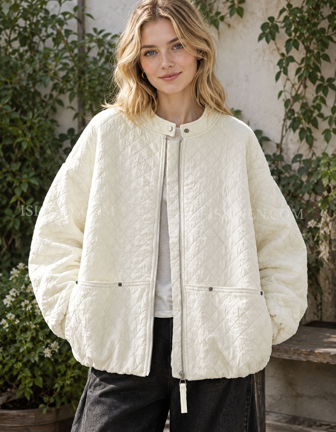 Women's Ivory Quilted Jacket – Oversized Casual Zip-Up Coat