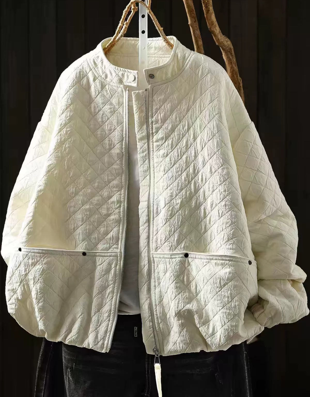 Women's Minimalist Ivory Quilted Jacket – Casual Style