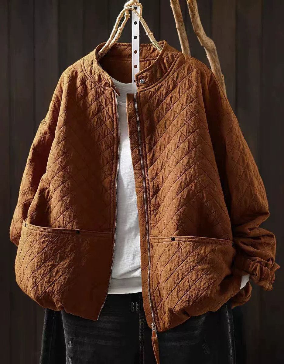 Women's Ivory Padded Quilted Jacket with Front Zip
