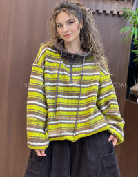 Women's Striped Knit Hoodie with Padded Hood